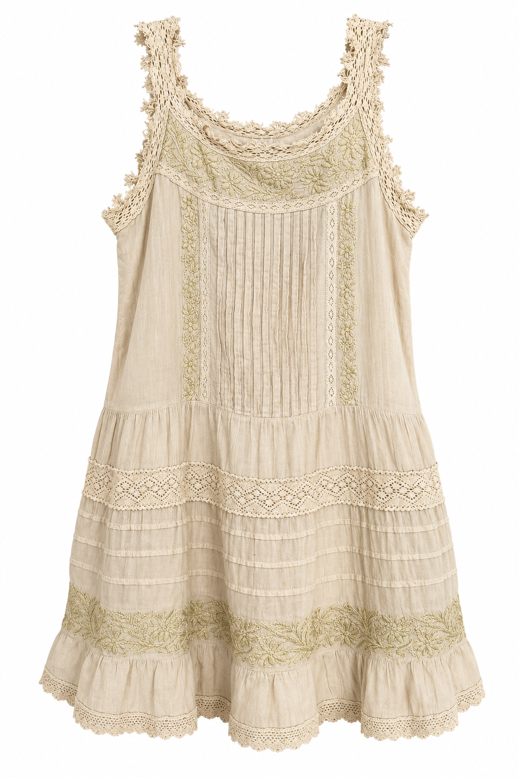 Trestles Clothing Company beige sleeveless dress with intricate lace trim, vertical pleating, and floral embroidery.